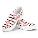 Pink Hibiscus Striped Pattern Print White Slip On Shoes