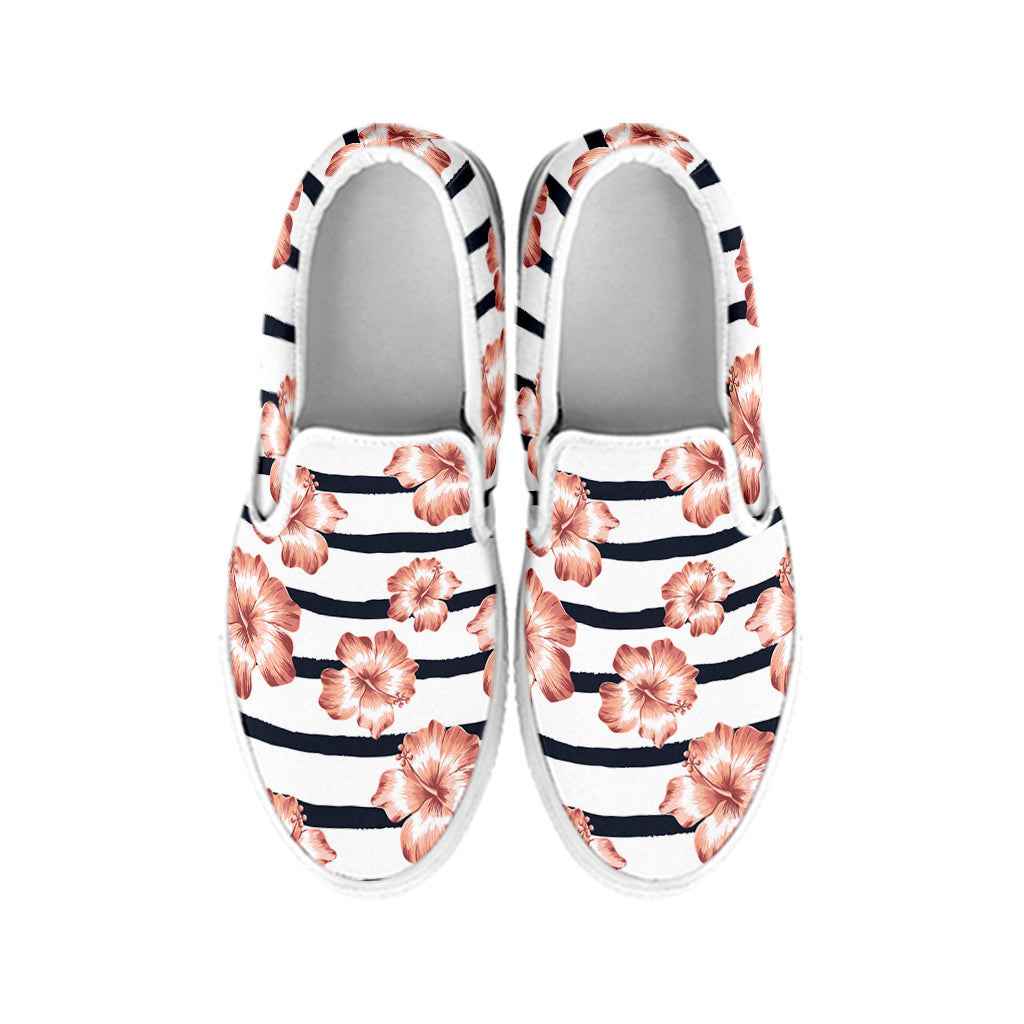 Pink Hibiscus Striped Pattern Print White Slip On Shoes