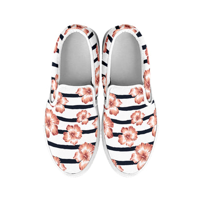 Pink Hibiscus Striped Pattern Print White Slip On Shoes
