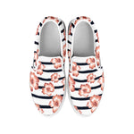 Pink Hibiscus Striped Pattern Print White Slip On Shoes