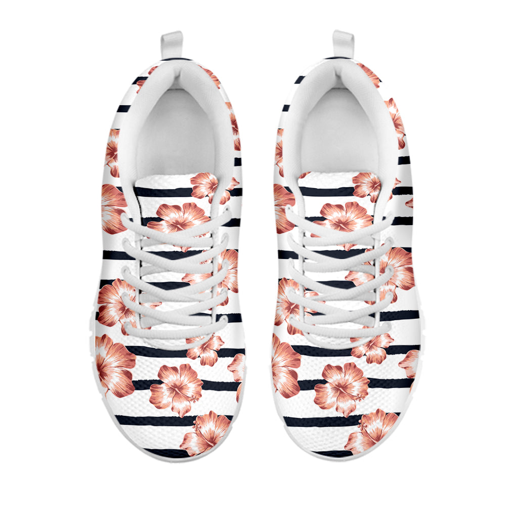 Pink Hibiscus Striped Pattern Print White Sneakers