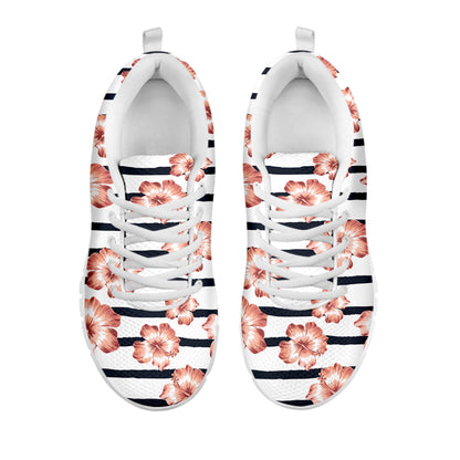 Pink Hibiscus Striped Pattern Print White Sneakers
