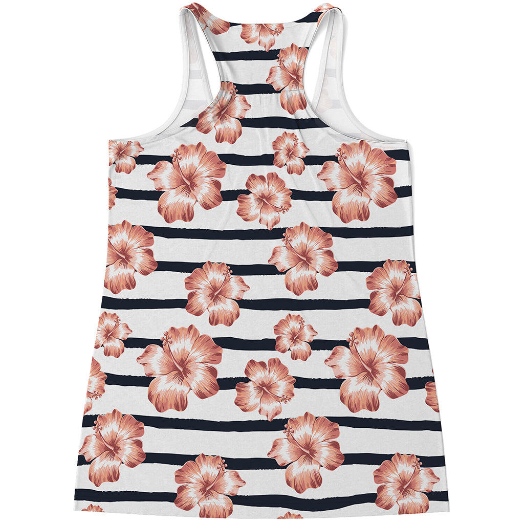 Pink Hibiscus Striped Pattern Print Women's Racerback Tank Top