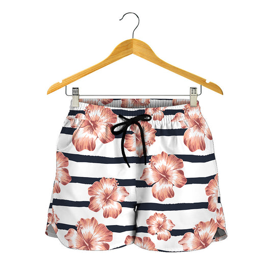 Pink Hibiscus Striped Pattern Print Women's Shorts