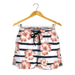Pink Hibiscus Striped Pattern Print Women's Shorts
