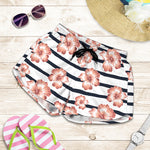 Pink Hibiscus Striped Pattern Print Women's Shorts