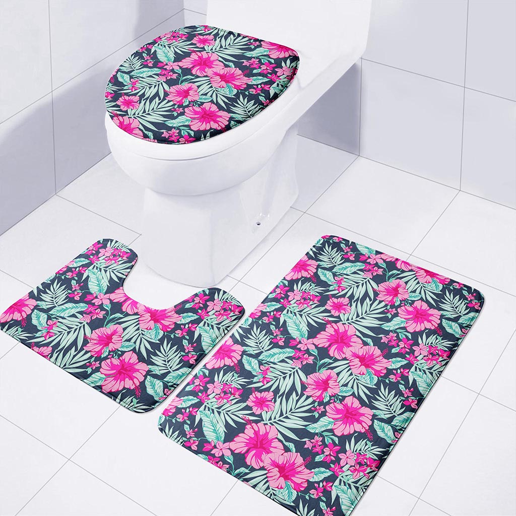 Pink Hibiscus Tropical Pattern Print 3 Piece Bath Mat Set