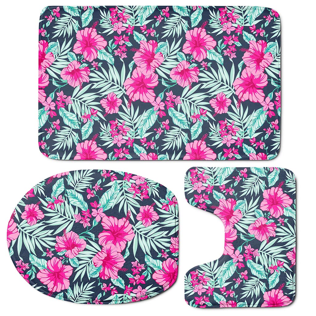 Pink Hibiscus Tropical Pattern Print 3 Piece Bath Mat Set