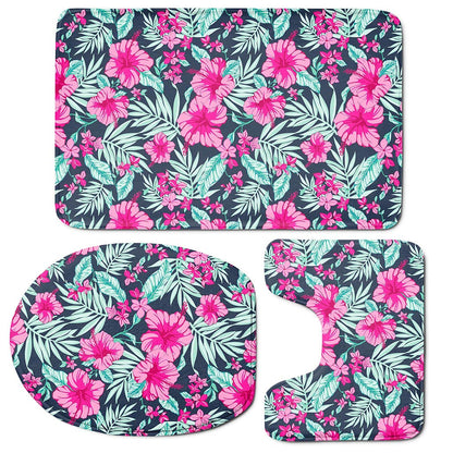 Pink Hibiscus Tropical Pattern Print 3 Piece Bath Mat Set