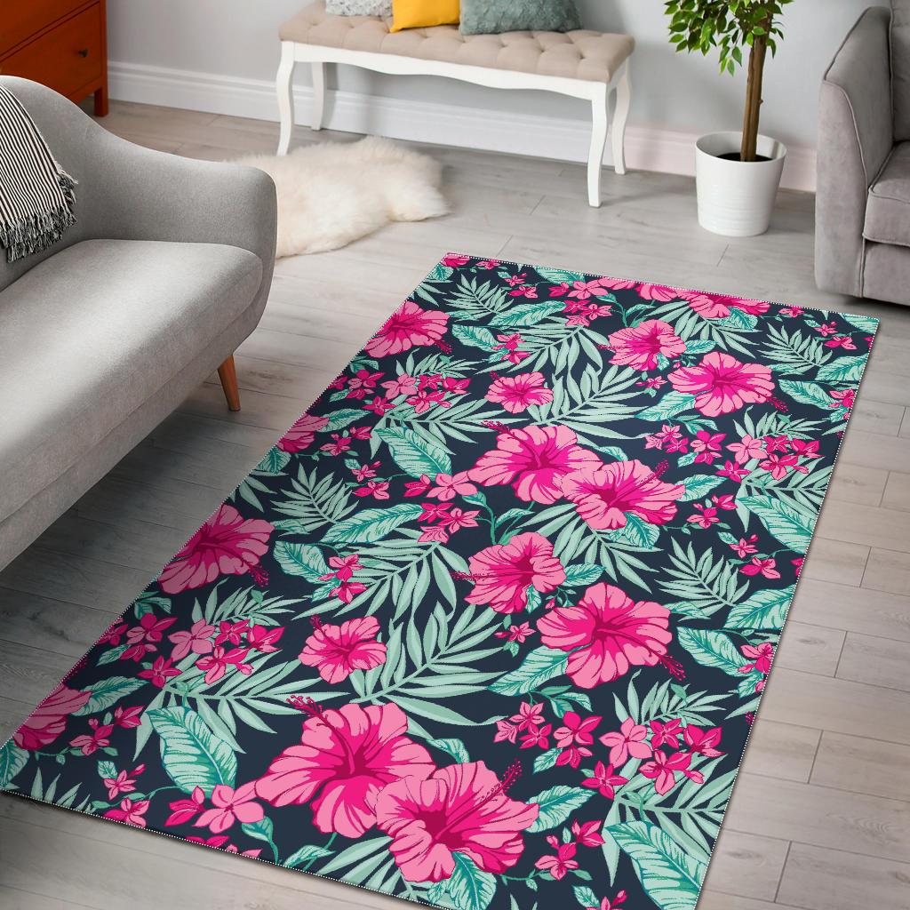 Pink Hibiscus Tropical Pattern Print Area Rug GearFrost