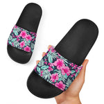 Pink Hibiscus Tropical Pattern Print Black Slide Sandals