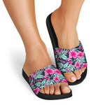 Pink Hibiscus Tropical Pattern Print Black Slide Sandals