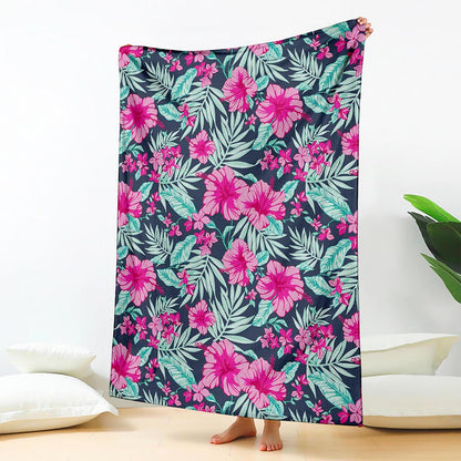Pink Hibiscus Tropical Pattern Print Blanket