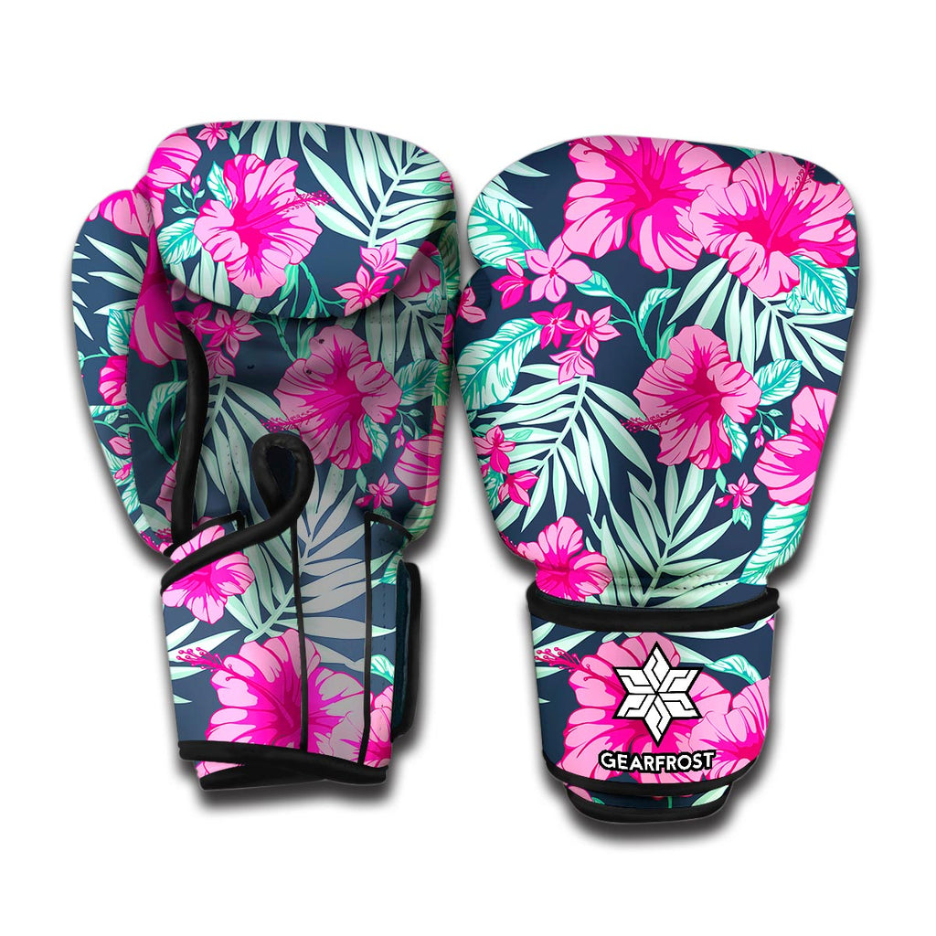 Pink Hibiscus Tropical Pattern Print Boxing Gloves