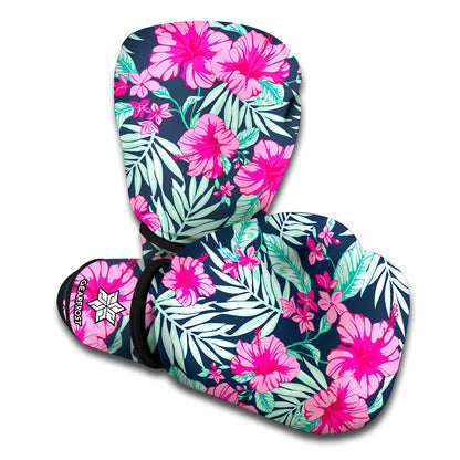 Pink Hibiscus Tropical Pattern Print Boxing Gloves
