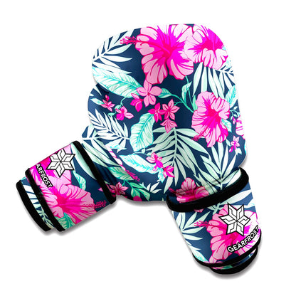 Pink Hibiscus Tropical Pattern Print Boxing Gloves