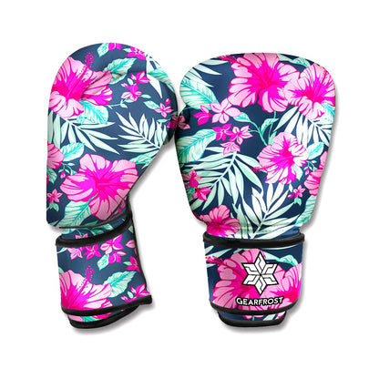 Pink Hibiscus Tropical Pattern Print Boxing Gloves