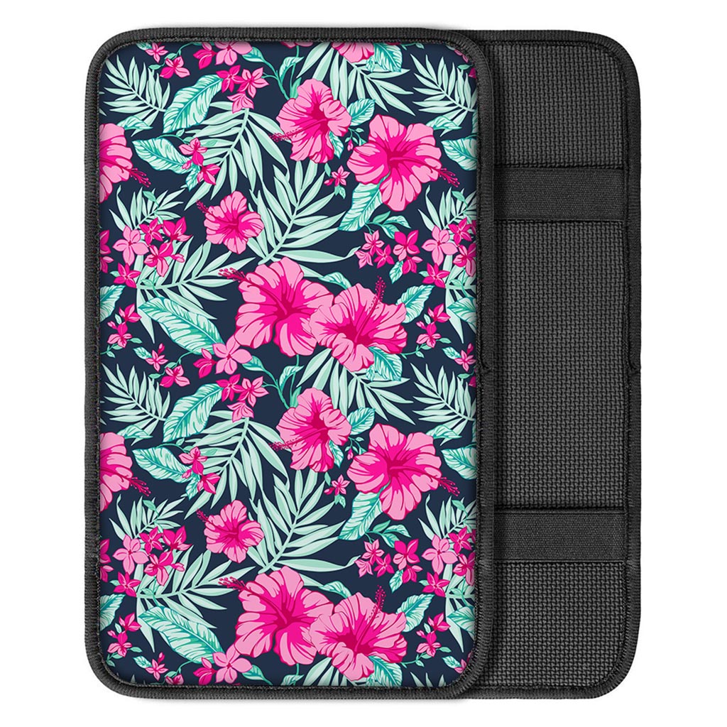 Pink Hibiscus Tropical Pattern Print Car Center Console Cover