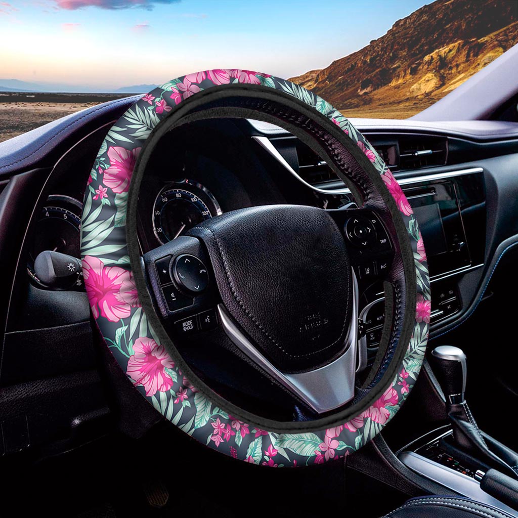 Pink Hibiscus Tropical Pattern Print Car Steering Wheel Cover