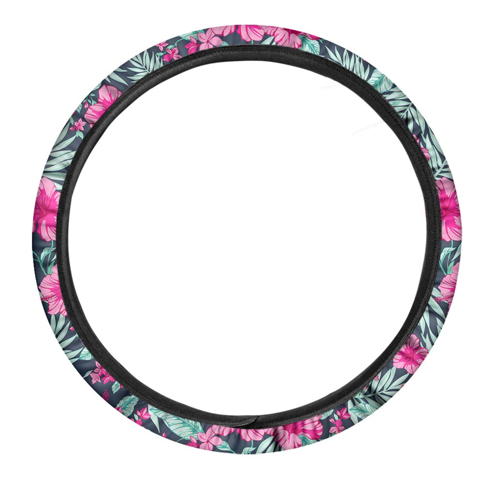 Pink Hibiscus Tropical Pattern Print Car Steering Wheel Cover