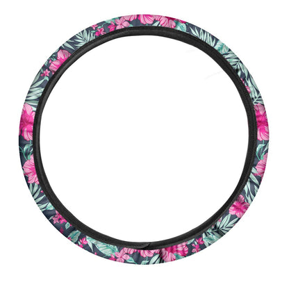 Pink Hibiscus Tropical Pattern Print Car Steering Wheel Cover
