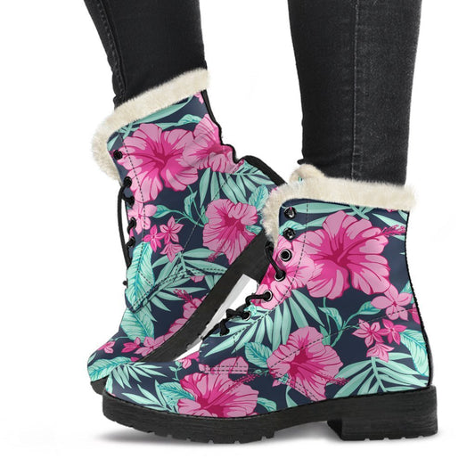 Pink Hibiscus Tropical Pattern Print Comfy Boots GearFrost
