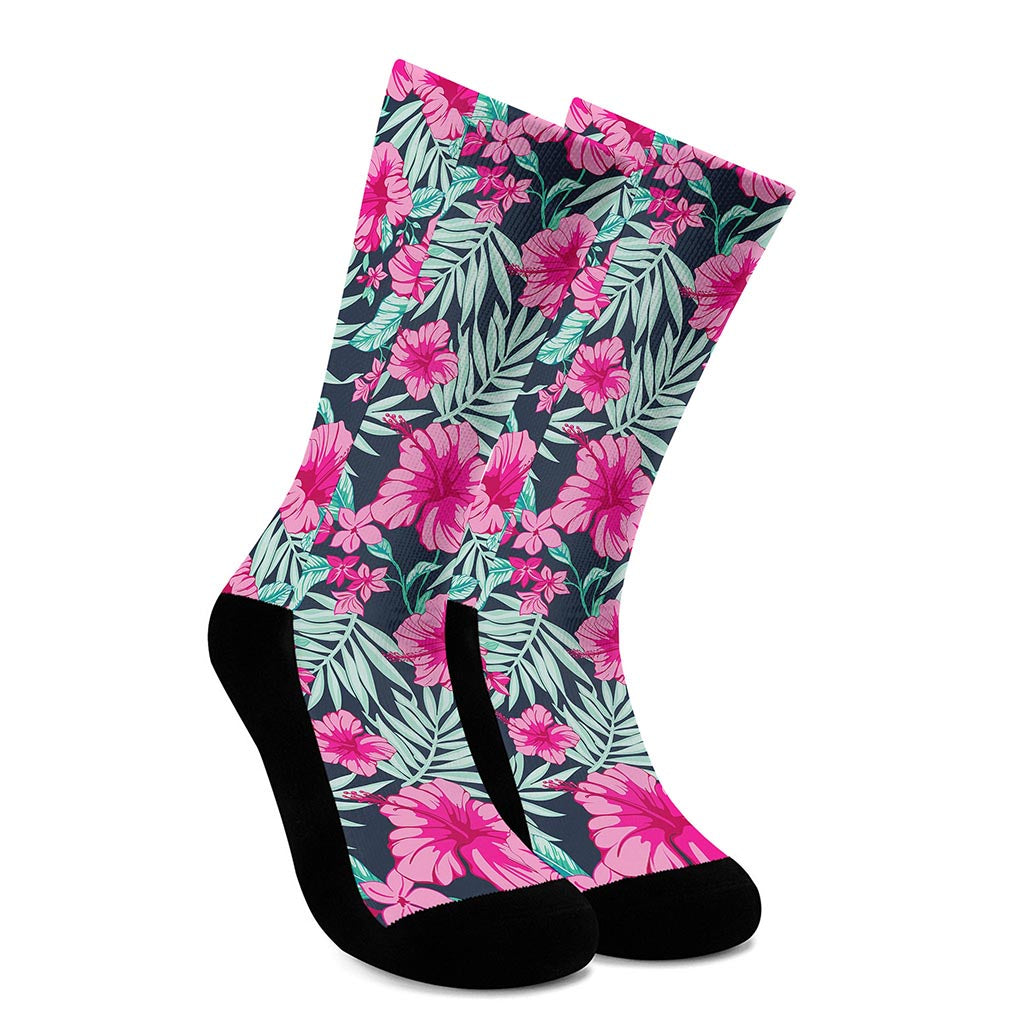 Pink Hibiscus Tropical Pattern Print Crew Socks