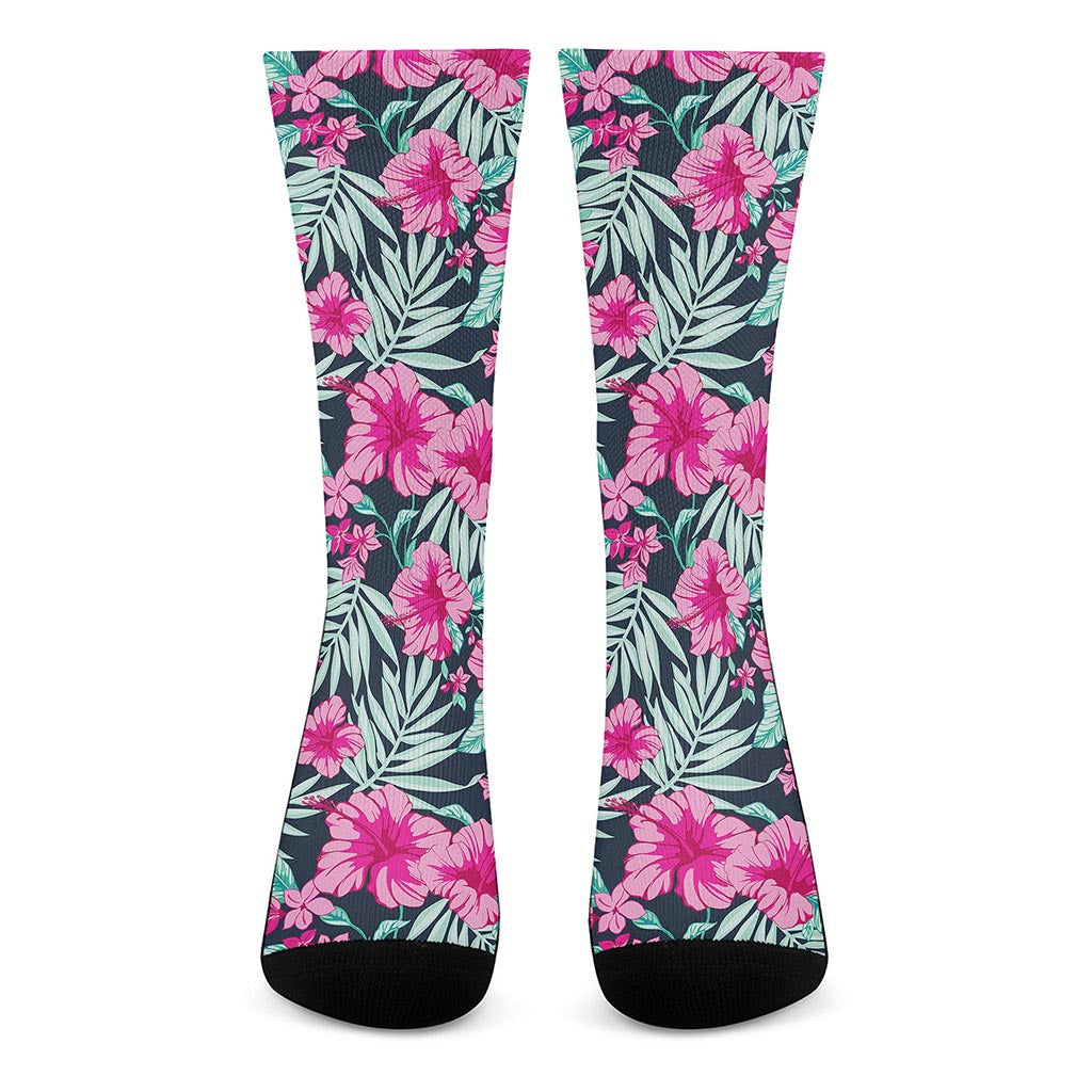Pink Hibiscus Tropical Pattern Print Crew Socks