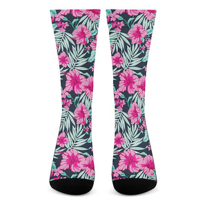 Pink Hibiscus Tropical Pattern Print Crew Socks