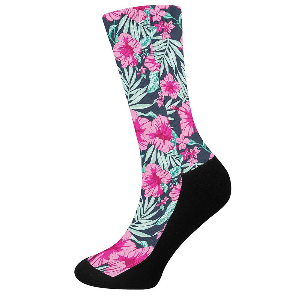 Pink Hibiscus Tropical Pattern Print Crew Socks