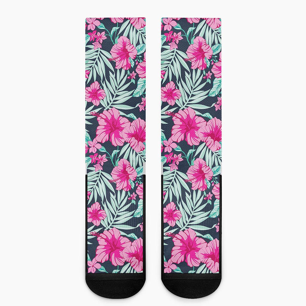 Pink Hibiscus Tropical Pattern Print Crew Socks