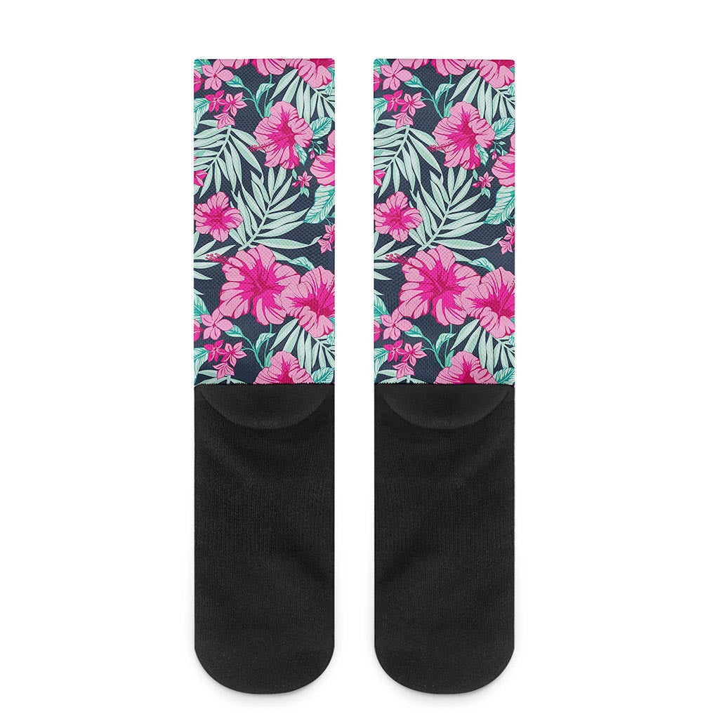 Pink Hibiscus Tropical Pattern Print Crew Socks