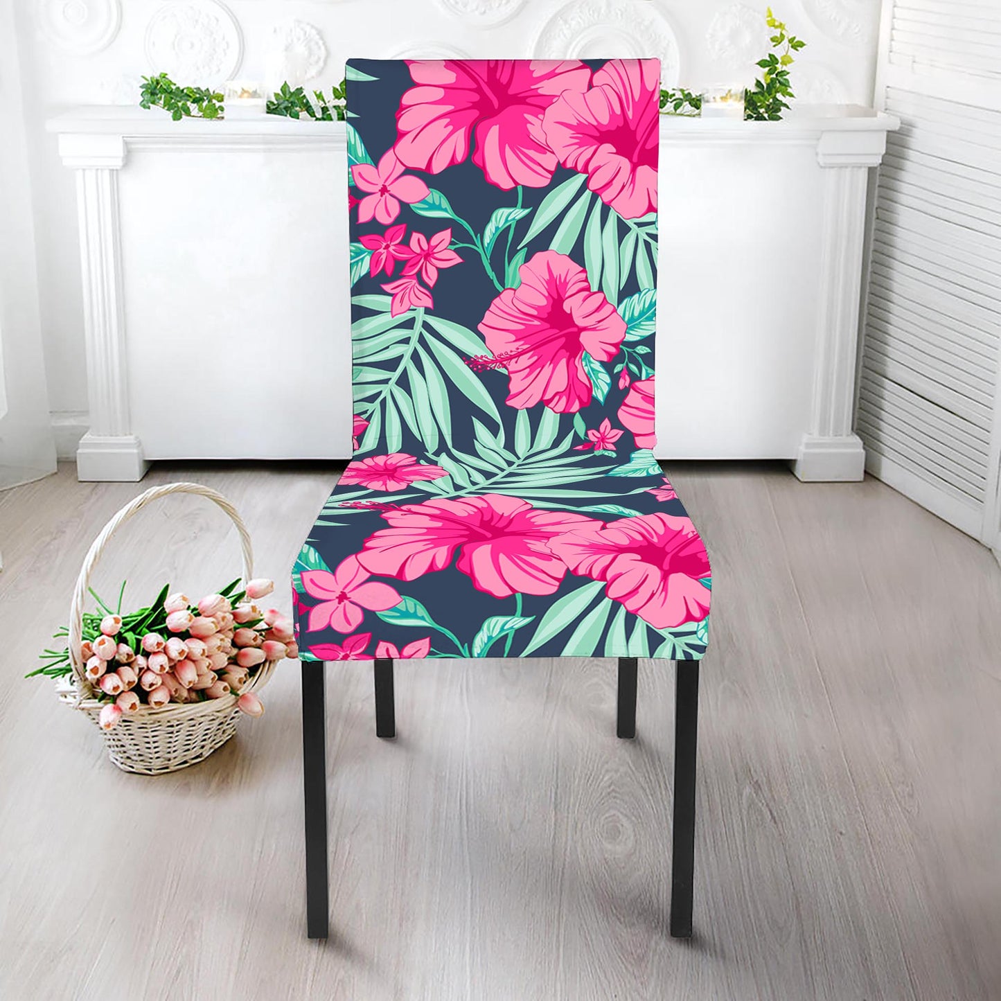 Pink Hibiscus Tropical Pattern Print Dining Chair Slipcover