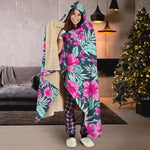 Pink Hibiscus Tropical Pattern Print Hooded Blanket