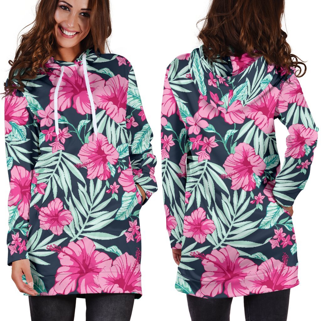 Pink Hibiscus Tropical Pattern Print Hoodie Dress GearFrost