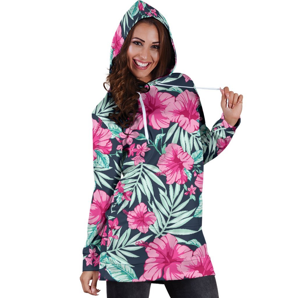 Pink Hibiscus Tropical Pattern Print Hoodie Dress GearFrost