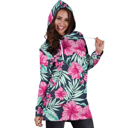 Pink Hibiscus Tropical Pattern Print Hoodie Dress GearFrost
