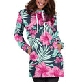 Pink Hibiscus Tropical Pattern Print Pullover Hoodie Dress