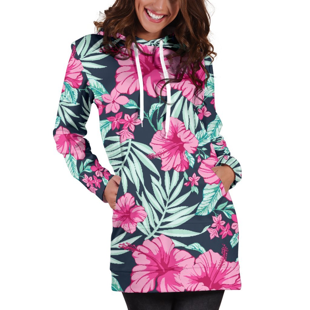 Pink Hibiscus Tropical Pattern Print Hoodie Dress GearFrost