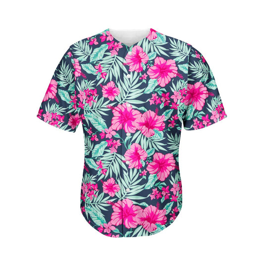 Pink Hibiscus Tropical Pattern Print Men's Baseball Jersey