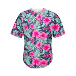 Pink Hibiscus Tropical Pattern Print Men's Baseball Jersey