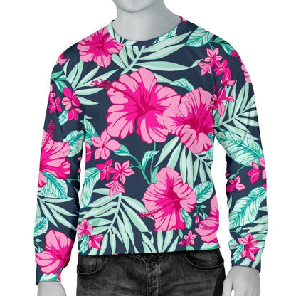 Pink Hibiscus Tropical Pattern Print Men's Crewneck Sweatshirt GearFrost