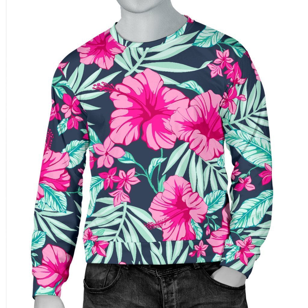 Pink Hibiscus Tropical Pattern Print Men's Crewneck Sweatshirt GearFrost