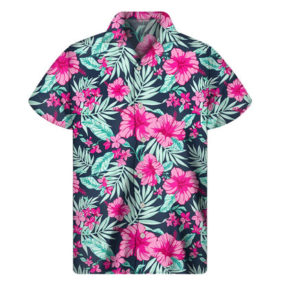 Pink Hibiscus Tropical Pattern Print Men's Short Sleeve Shirt