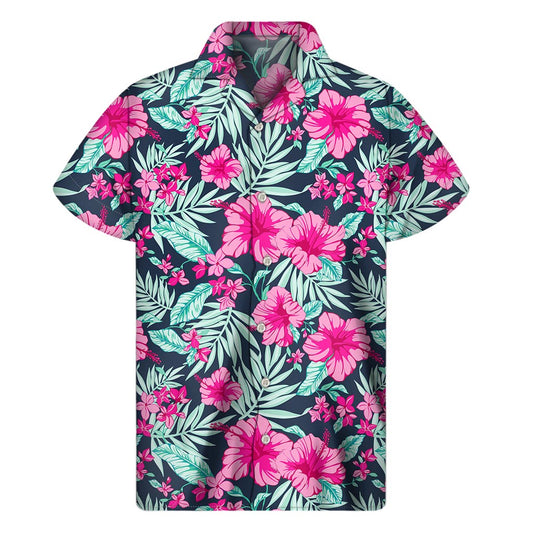 Pink Hibiscus Tropical Pattern Print Men's Short Sleeve Shirt