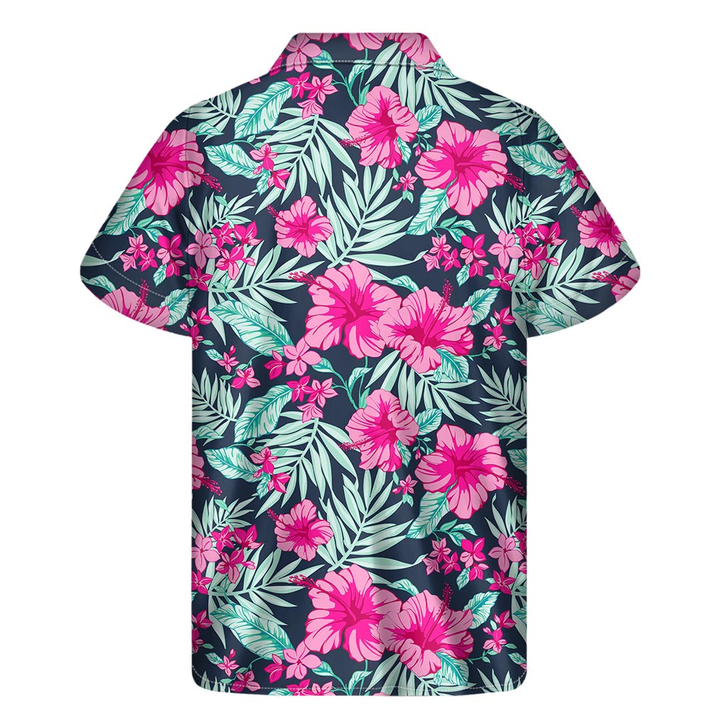 Pink Hibiscus Tropical Pattern Print Men's Short Sleeve Shirt