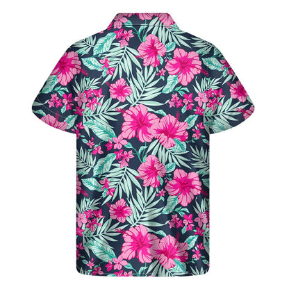 Pink Hibiscus Tropical Pattern Print Men's Short Sleeve Shirt