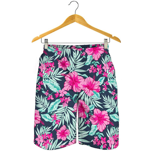 Pink Hibiscus Tropical Pattern Print Men's Shorts