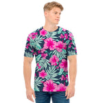 Pink Hibiscus Tropical Pattern Print Men's T-Shirt
