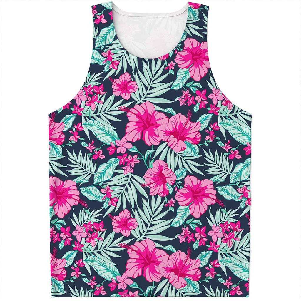 Pink Hibiscus Tropical Pattern Print Men's Tank Top
